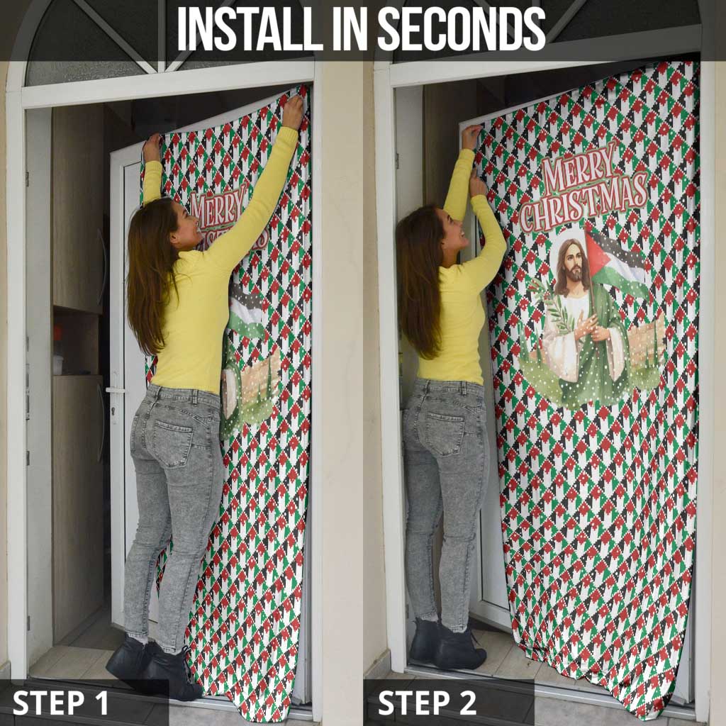 Palestine Christmas Door Cover with Red-Green Pattern, Golden Eagle Emblem, and Jesus Holding Flag Motif - Wonder Print Shop