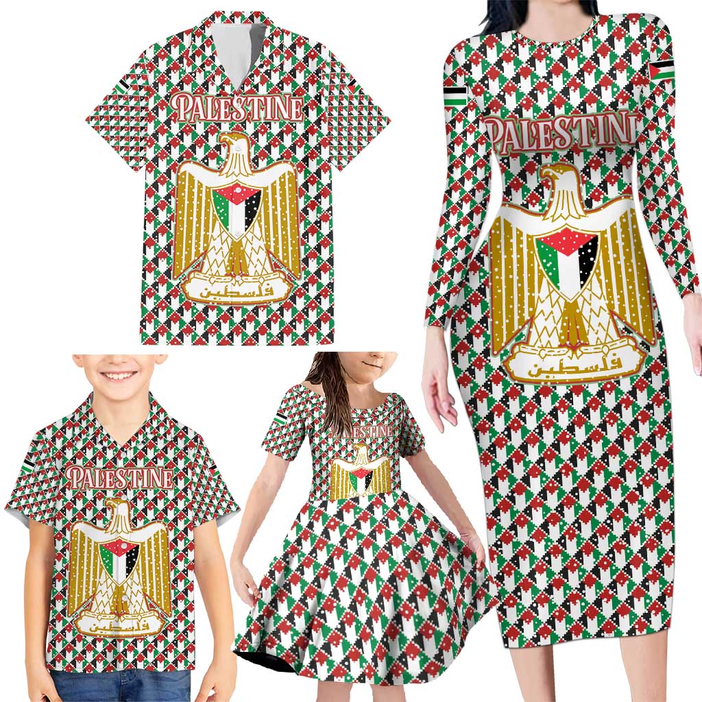 Palestine Christmas Family Matching Long Sleeve Bodycon Dress and Hawaiian Shirt with Red-Green Pattern, Golden Eagle Emblem, and Jesus Holding Flag Motif - Wonder Print Shop