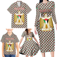 Palestine Christmas Family Matching Long Sleeve Bodycon Dress and Hawaiian Shirt with Red-Green Pattern, Golden Eagle Emblem, and Jesus Holding Flag Motif - Wonder Print Shop