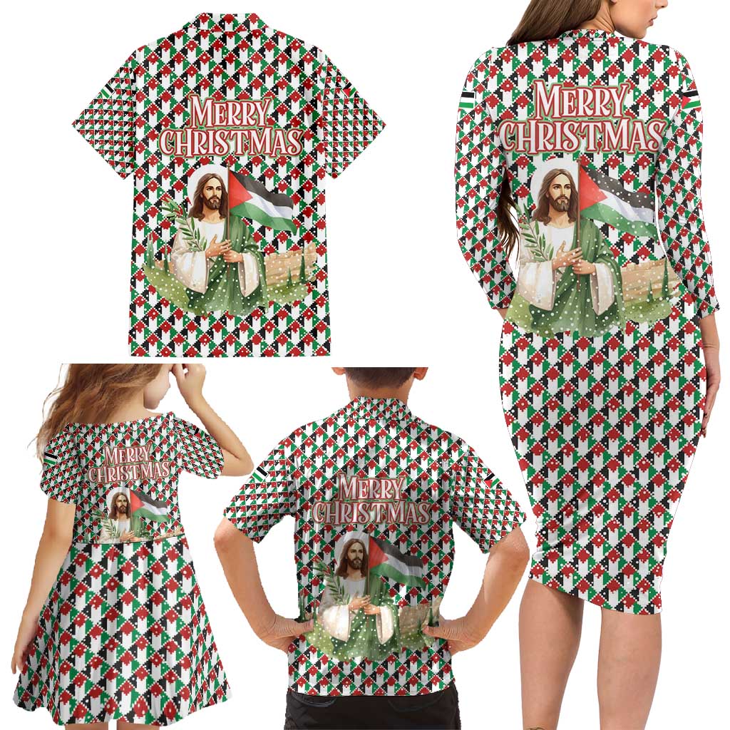 Palestine Christmas Family Matching Long Sleeve Bodycon Dress and Hawaiian Shirt with Red-Green Pattern, Golden Eagle Emblem, and Jesus Holding Flag Motif - Wonder Print Shop