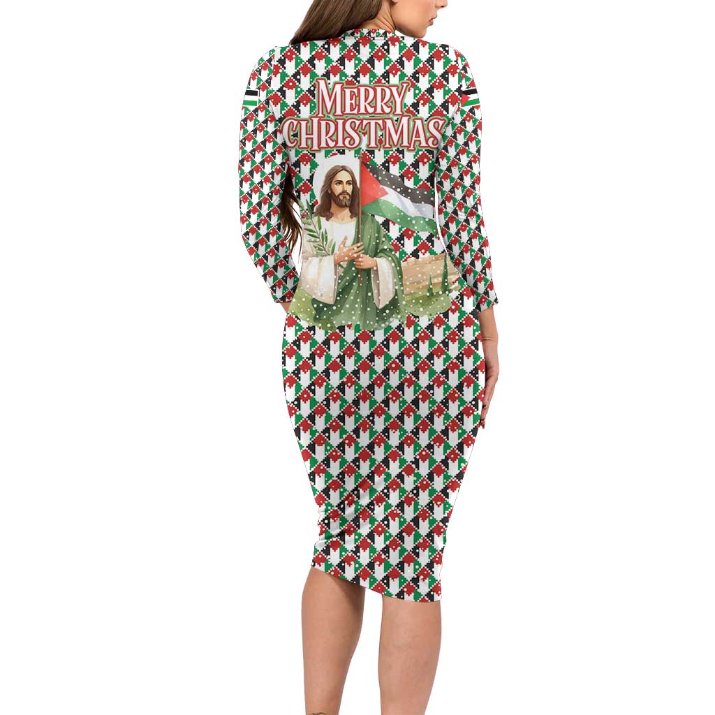 Palestine Christmas Family Matching Long Sleeve Bodycon Dress and Hawaiian Shirt with Red-Green Pattern, Golden Eagle Emblem, and Jesus Holding Flag Motif - Wonder Print Shop