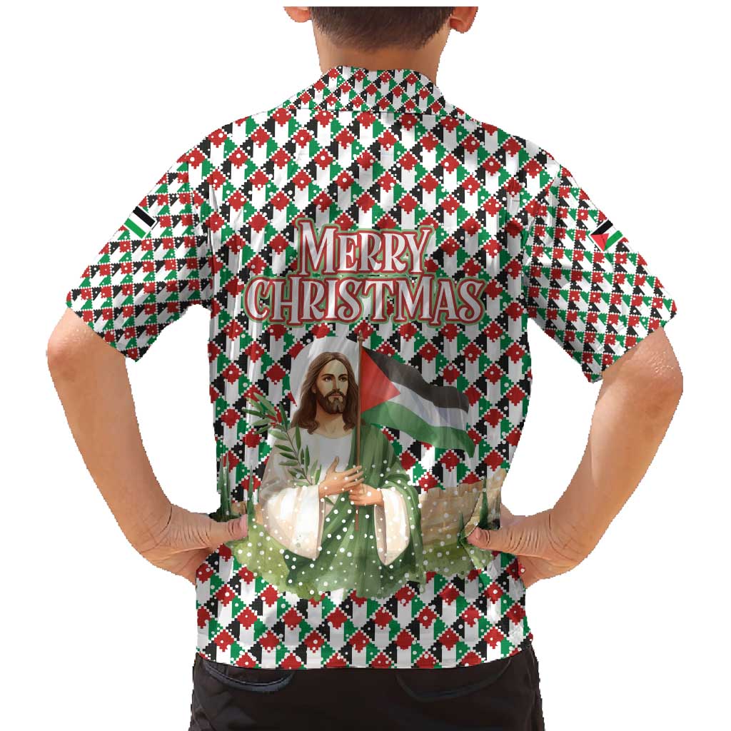 Palestine Christmas Family Matching Mermaid Dress and Hawaiian Shirt with Red-Green Pattern, Golden Eagle Emblem, and Jesus Holding Flag Motif - Wonder Print Shop