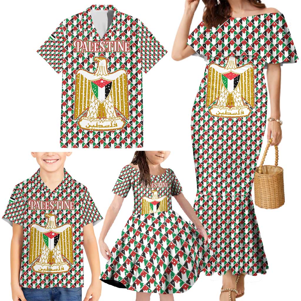 Palestine Christmas Family Matching Mermaid Dress and Hawaiian Shirt with Red-Green Pattern, Golden Eagle Emblem, and Jesus Holding Flag Motif - Wonder Print Shop