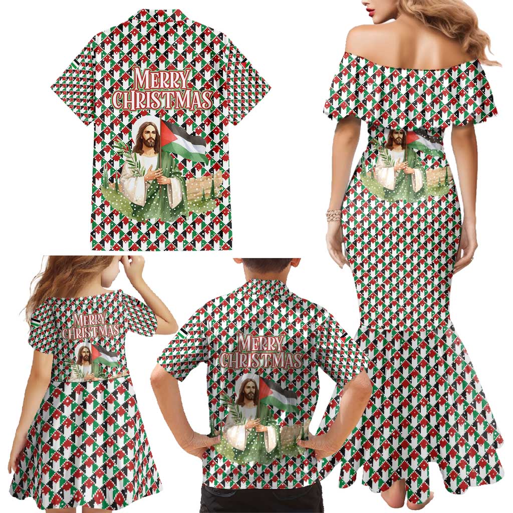Palestine Christmas Family Matching Mermaid Dress and Hawaiian Shirt with Red-Green Pattern, Golden Eagle Emblem, and Jesus Holding Flag Motif - Wonder Print Shop