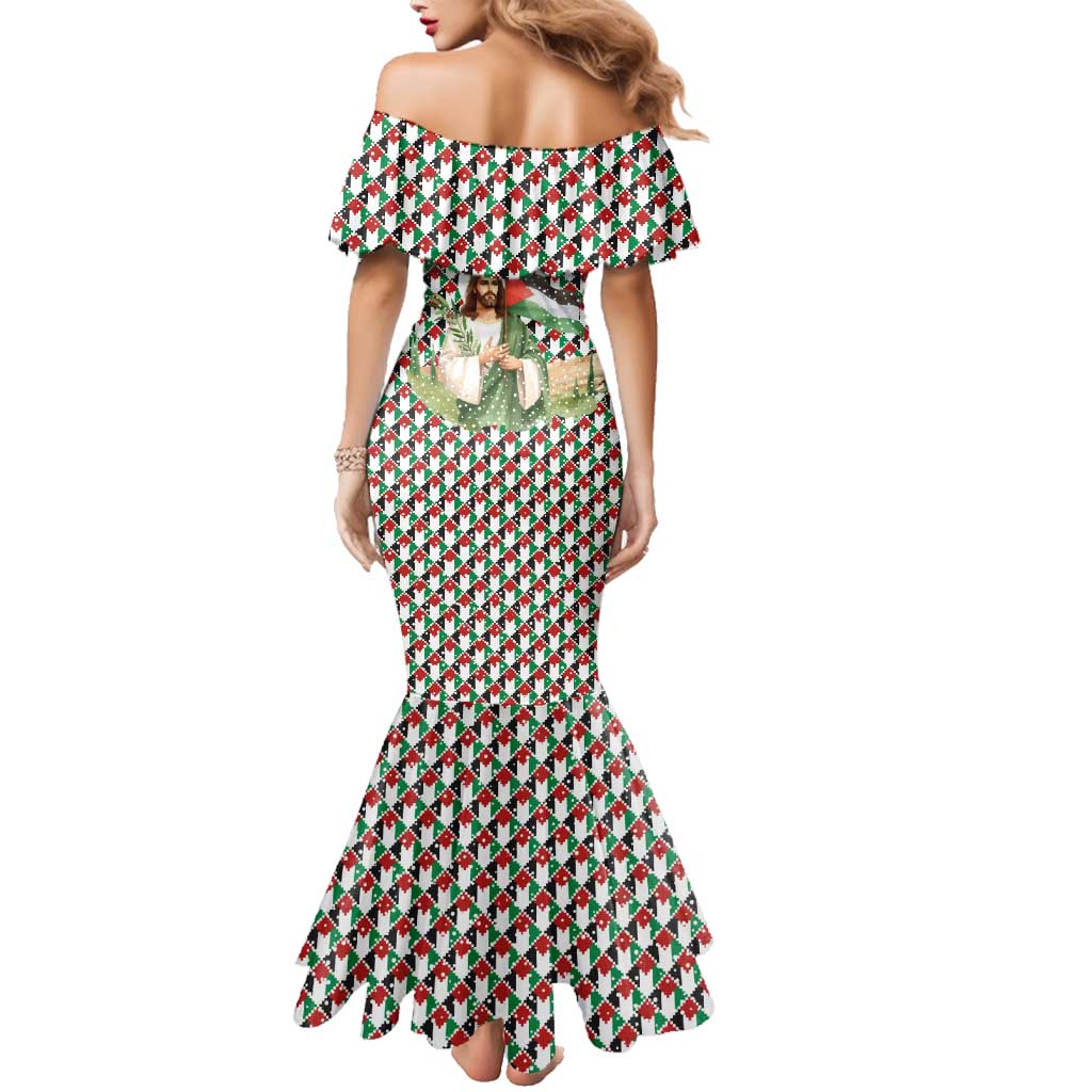 Palestine Christmas Family Matching Mermaid Dress and Hawaiian Shirt with Red-Green Pattern, Golden Eagle Emblem, and Jesus Holding Flag Motif - Wonder Print Shop