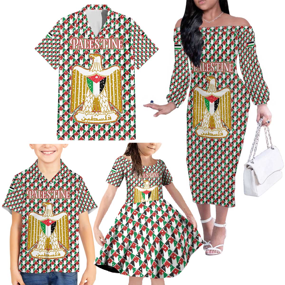 Palestine Christmas Family Matching Off The Shoulder Long Sleeve Dress and Hawaiian Shirt with Red-Green Pattern, Golden Eagle Emblem, and Jesus Holding Flag Motif - Wonder Print Shop