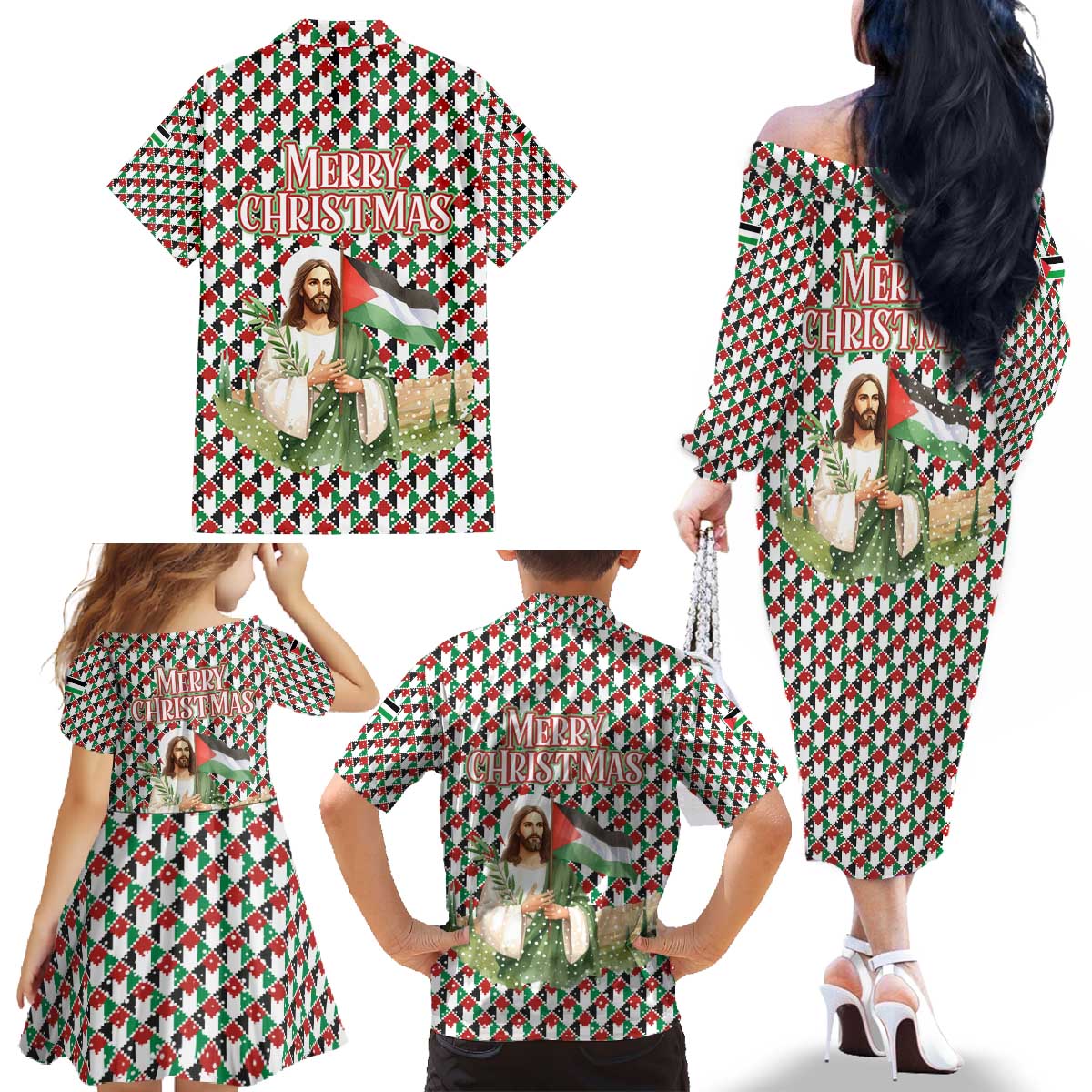 Palestine Christmas Family Matching Off The Shoulder Long Sleeve Dress and Hawaiian Shirt with Red-Green Pattern, Golden Eagle Emblem, and Jesus Holding Flag Motif - Wonder Print Shop