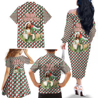 Palestine Christmas Family Matching Off The Shoulder Long Sleeve Dress and Hawaiian Shirt with Red-Green Pattern, Golden Eagle Emblem, and Jesus Holding Flag Motif - Wonder Print Shop
