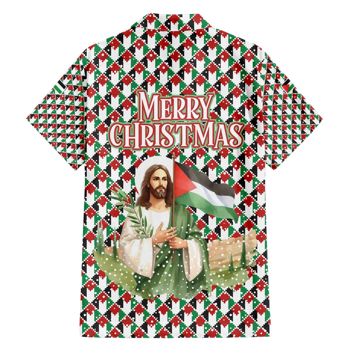 Palestine Christmas Family Matching Off The Shoulder Long Sleeve Dress and Hawaiian Shirt with Red-Green Pattern, Golden Eagle Emblem, and Jesus Holding Flag Motif - Wonder Print Shop