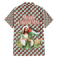 Palestine Christmas Family Matching Off The Shoulder Long Sleeve Dress and Hawaiian Shirt with Red-Green Pattern, Golden Eagle Emblem, and Jesus Holding Flag Motif - Wonder Print Shop
