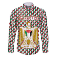 Palestine Christmas Family Matching Off The Shoulder Long Sleeve Dress and Hawaiian Shirt with Red-Green Pattern, Golden Eagle Emblem, and Jesus Holding Flag Motif - Wonder Print Shop