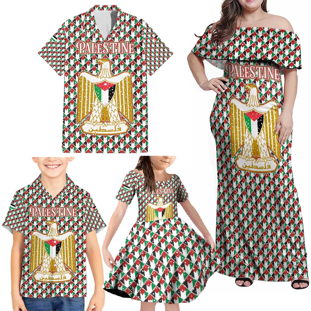 Palestine Christmas Family Matching Off Shoulder Maxi Dress and Hawaiian Shirt with Red-Green Pattern, Golden Eagle Emblem, and Jesus Holding Flag Motif - Wonder Print Shop
