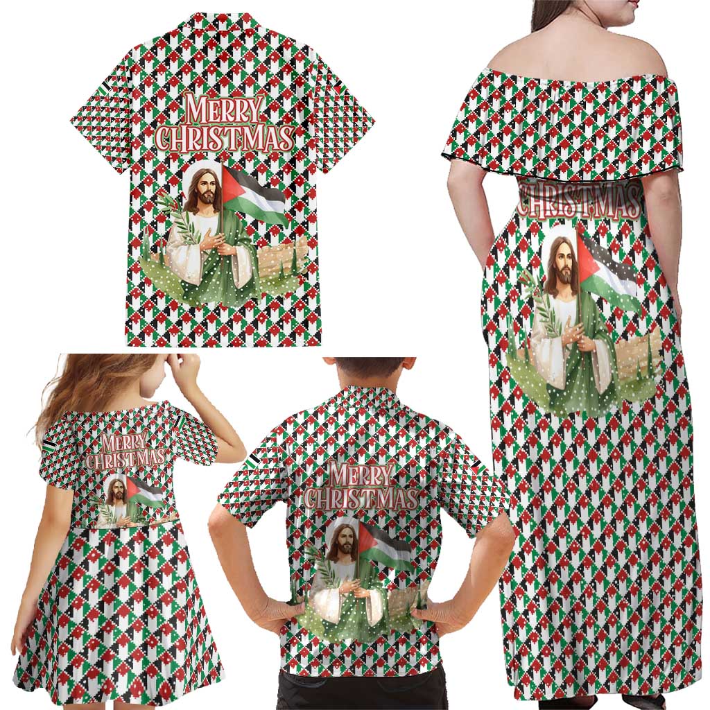 Palestine Christmas Family Matching Off Shoulder Maxi Dress and Hawaiian Shirt with Red-Green Pattern, Golden Eagle Emblem, and Jesus Holding Flag Motif - Wonder Print Shop