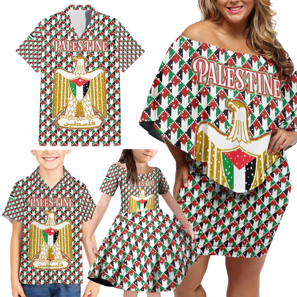 Palestine Christmas Family Matching Off Shoulder Short Dress and Hawaiian Shirt with Red-Green Pattern, Golden Eagle Emblem, and Jesus Holding Flag Motif - Wonder Print Shop