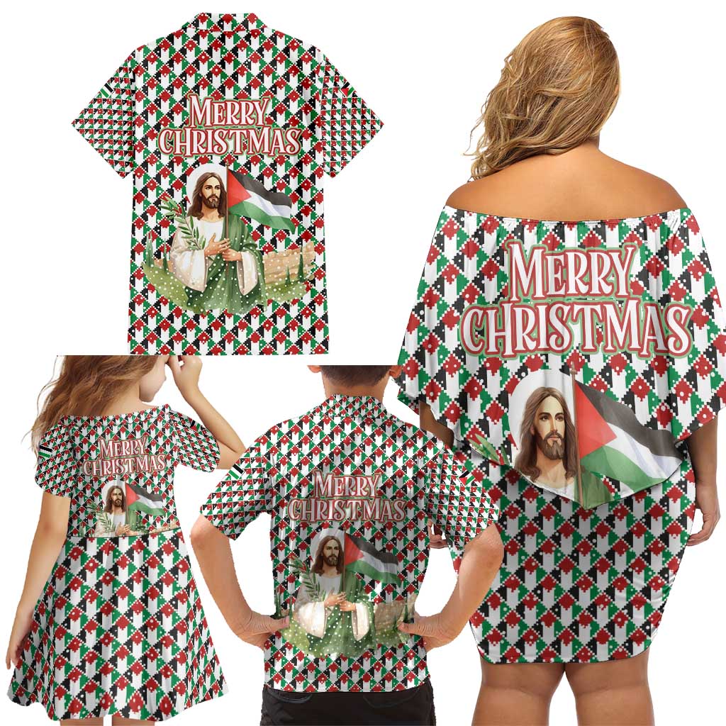 Palestine Christmas Family Matching Off Shoulder Short Dress and Hawaiian Shirt with Red-Green Pattern, Golden Eagle Emblem, and Jesus Holding Flag Motif - Wonder Print Shop