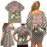 Palestine Christmas Family Matching Off Shoulder Short Dress and Hawaiian Shirt with Red-Green Pattern, Golden Eagle Emblem, and Jesus Holding Flag Motif - Wonder Print Shop