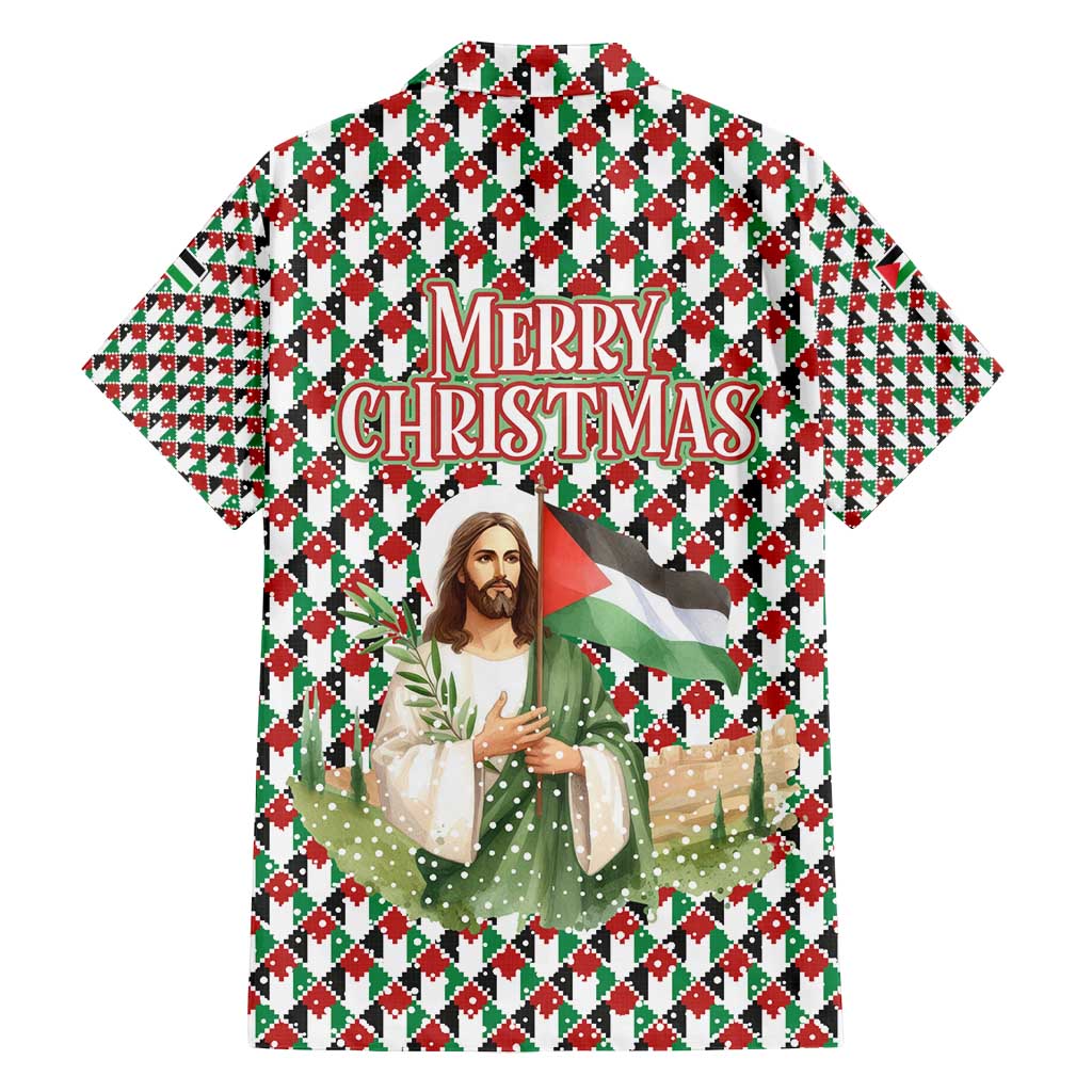 Palestine Christmas Family Matching Off Shoulder Short Dress and Hawaiian Shirt with Red-Green Pattern, Golden Eagle Emblem, and Jesus Holding Flag Motif - Wonder Print Shop