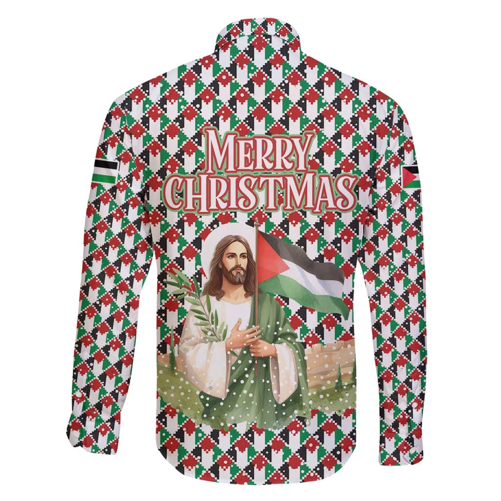 Palestine Christmas Family Matching Off Shoulder Short Dress and Hawaiian Shirt with Red-Green Pattern, Golden Eagle Emblem, and Jesus Holding Flag Motif - Wonder Print Shop