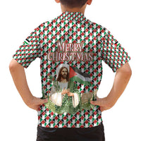Palestine Christmas Family Matching Puletasi and Hawaiian Shirt with Red-Green Pattern, Golden Eagle Emblem, and Jesus Holding Flag Motif - Wonder Print Shop