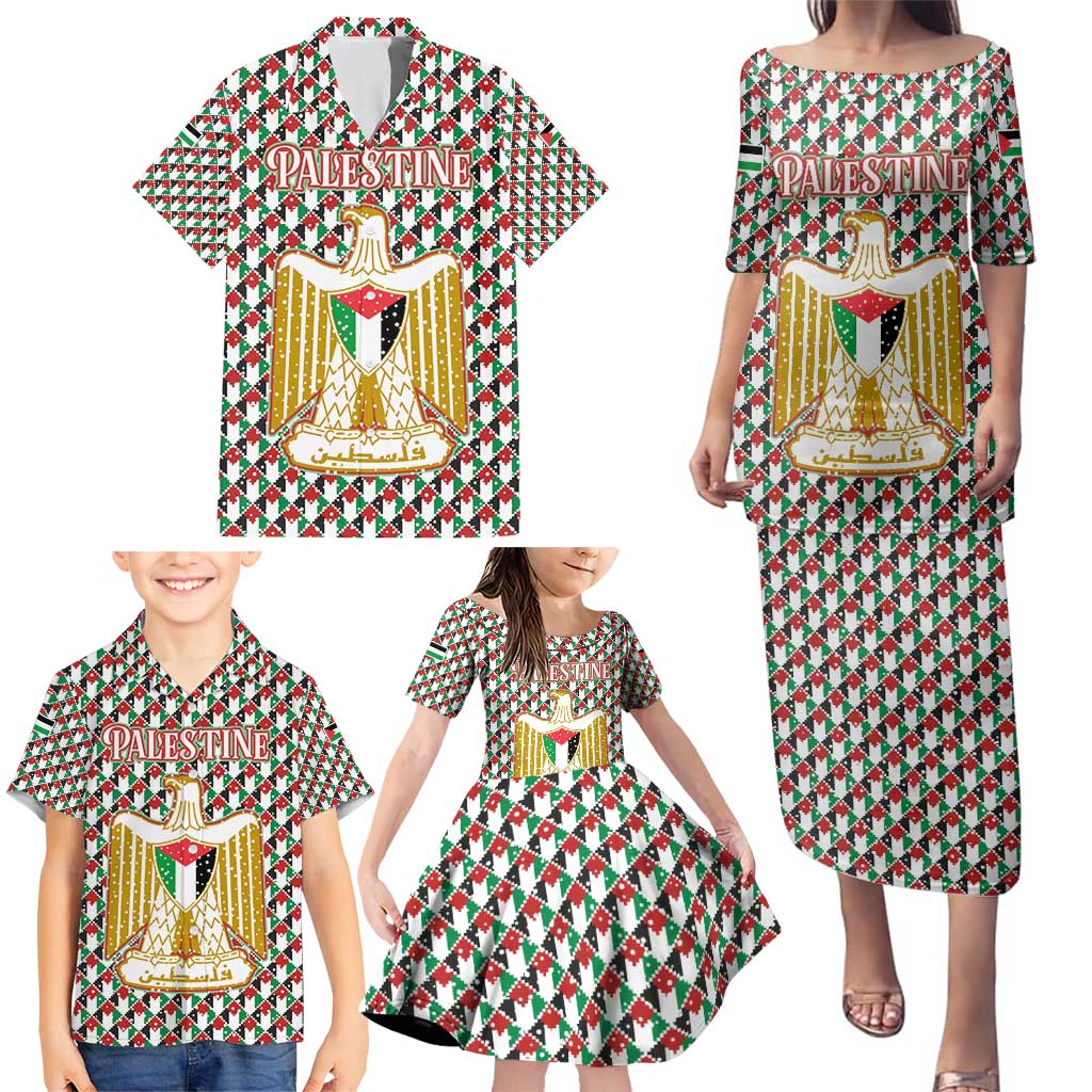 Palestine Christmas Family Matching Puletasi and Hawaiian Shirt with Red-Green Pattern, Golden Eagle Emblem, and Jesus Holding Flag Motif - Wonder Print Shop