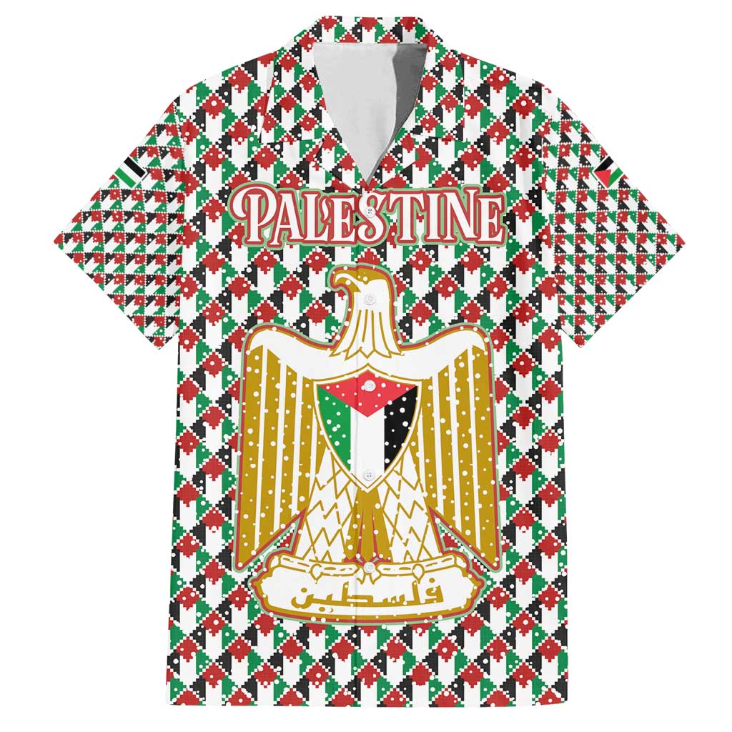 Palestine Christmas Family Matching Puletasi and Hawaiian Shirt with Red-Green Pattern, Golden Eagle Emblem, and Jesus Holding Flag Motif - Wonder Print Shop