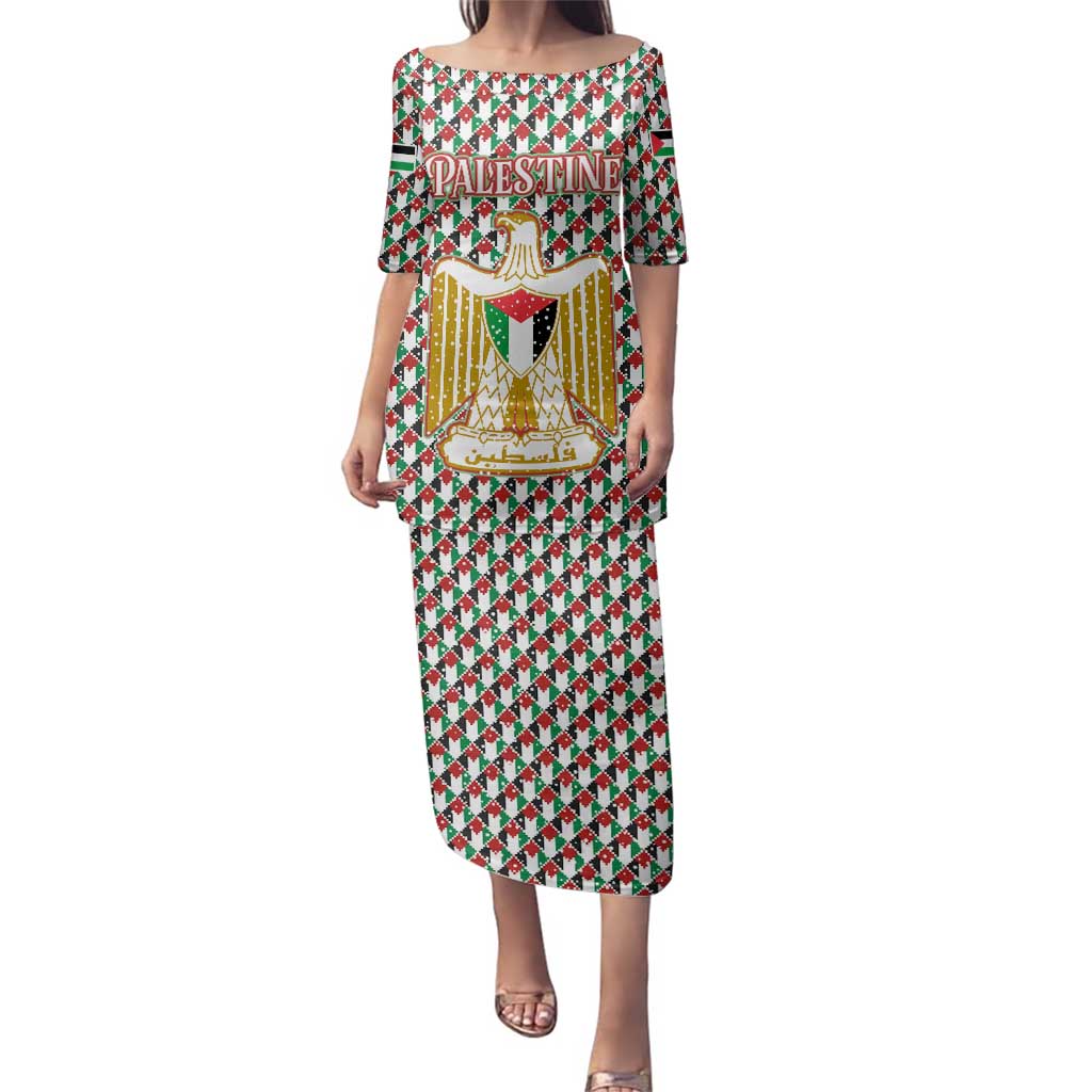 Palestine Christmas Family Matching Puletasi and Hawaiian Shirt with Red-Green Pattern, Golden Eagle Emblem, and Jesus Holding Flag Motif - Wonder Print Shop