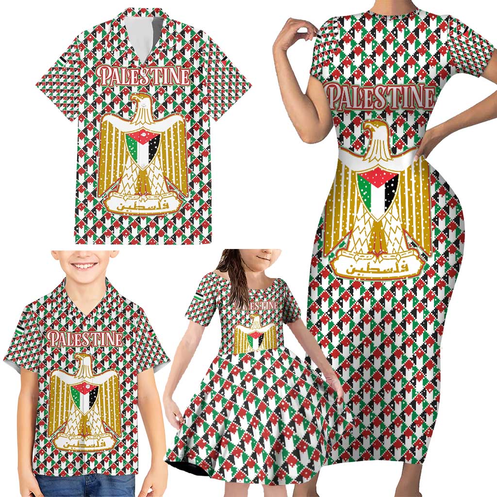 Palestine Christmas Family Matching Short Sleeve Bodycon Dress and Hawaiian Shirt with Red-Green Pattern, Golden Eagle Emblem, and Jesus Holding Flag Motif - Wonder Print Shop
