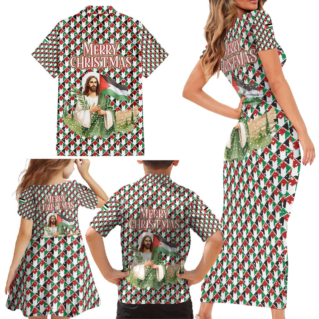 Palestine Christmas Family Matching Short Sleeve Bodycon Dress and Hawaiian Shirt with Red-Green Pattern, Golden Eagle Emblem, and Jesus Holding Flag Motif - Wonder Print Shop