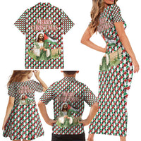 Palestine Christmas Family Matching Short Sleeve Bodycon Dress and Hawaiian Shirt with Red-Green Pattern, Golden Eagle Emblem, and Jesus Holding Flag Motif - Wonder Print Shop