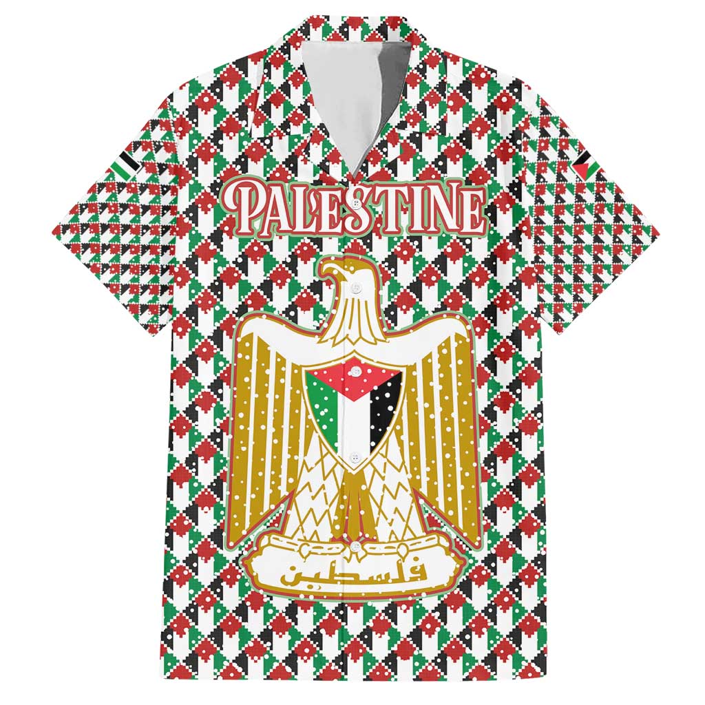 Palestine Christmas Family Matching Short Sleeve Bodycon Dress and Hawaiian Shirt with Red-Green Pattern, Golden Eagle Emblem, and Jesus Holding Flag Motif - Wonder Print Shop