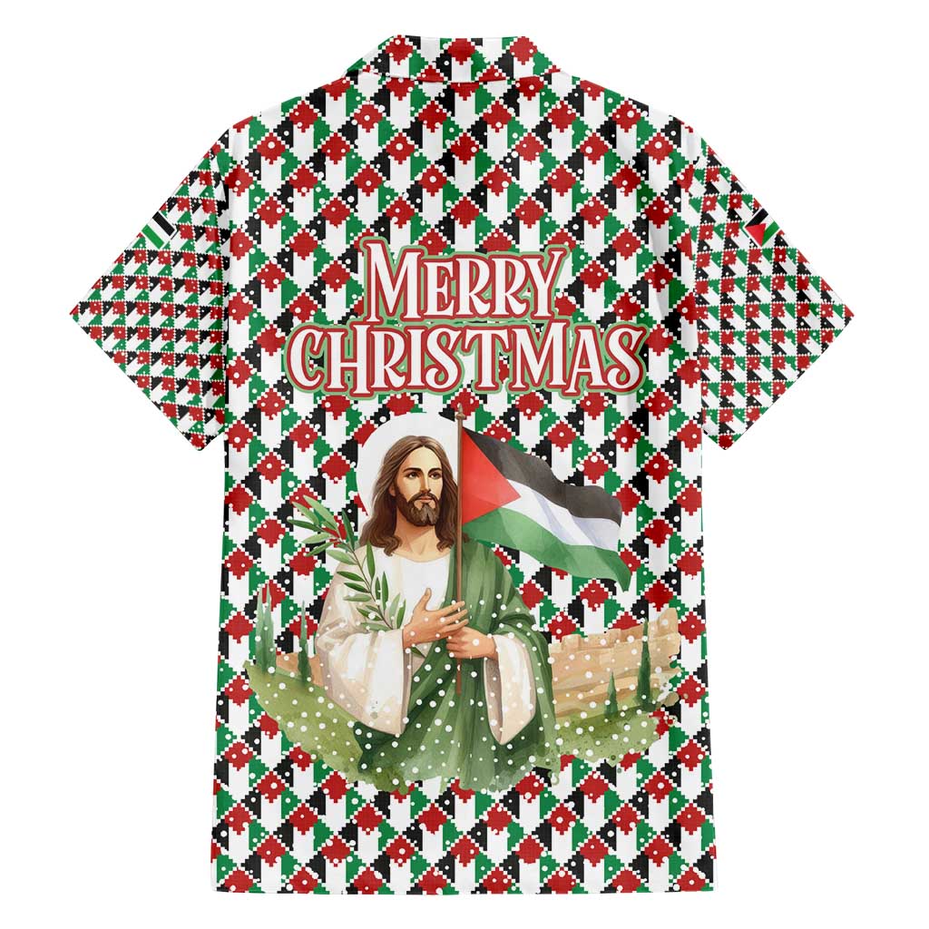 Palestine Christmas Family Matching Short Sleeve Bodycon Dress and Hawaiian Shirt with Red-Green Pattern, Golden Eagle Emblem, and Jesus Holding Flag Motif - Wonder Print Shop