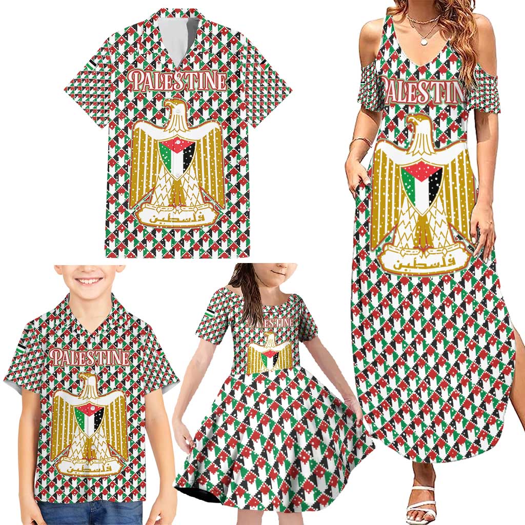 Palestine Christmas Family Matching Summer Maxi Dress and Hawaiian Shirt with Red-Green Pattern, Golden Eagle Emblem, and Jesus Holding Flag Motif - Wonder Print Shop