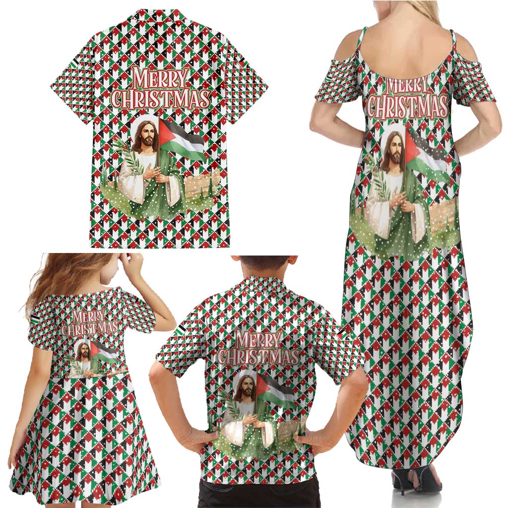 Palestine Christmas Family Matching Summer Maxi Dress and Hawaiian Shirt with Red-Green Pattern, Golden Eagle Emblem, and Jesus Holding Flag Motif - Wonder Print Shop
