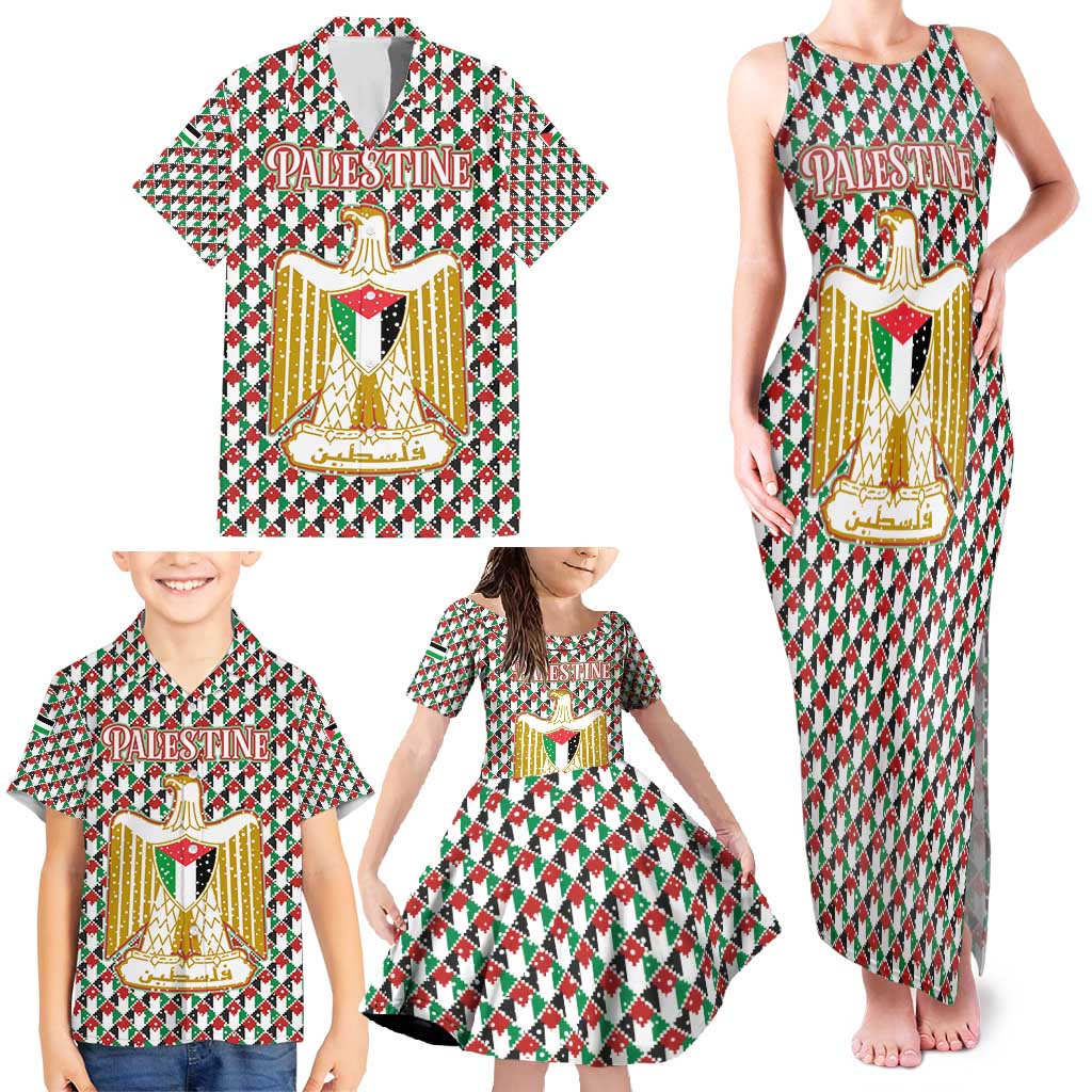 Palestine Christmas Family Matching Tank Maxi Dress and Hawaiian Shirt with Red-Green Pattern, Golden Eagle Emblem, and Jesus Holding Flag Motif - Wonder Print Shop
