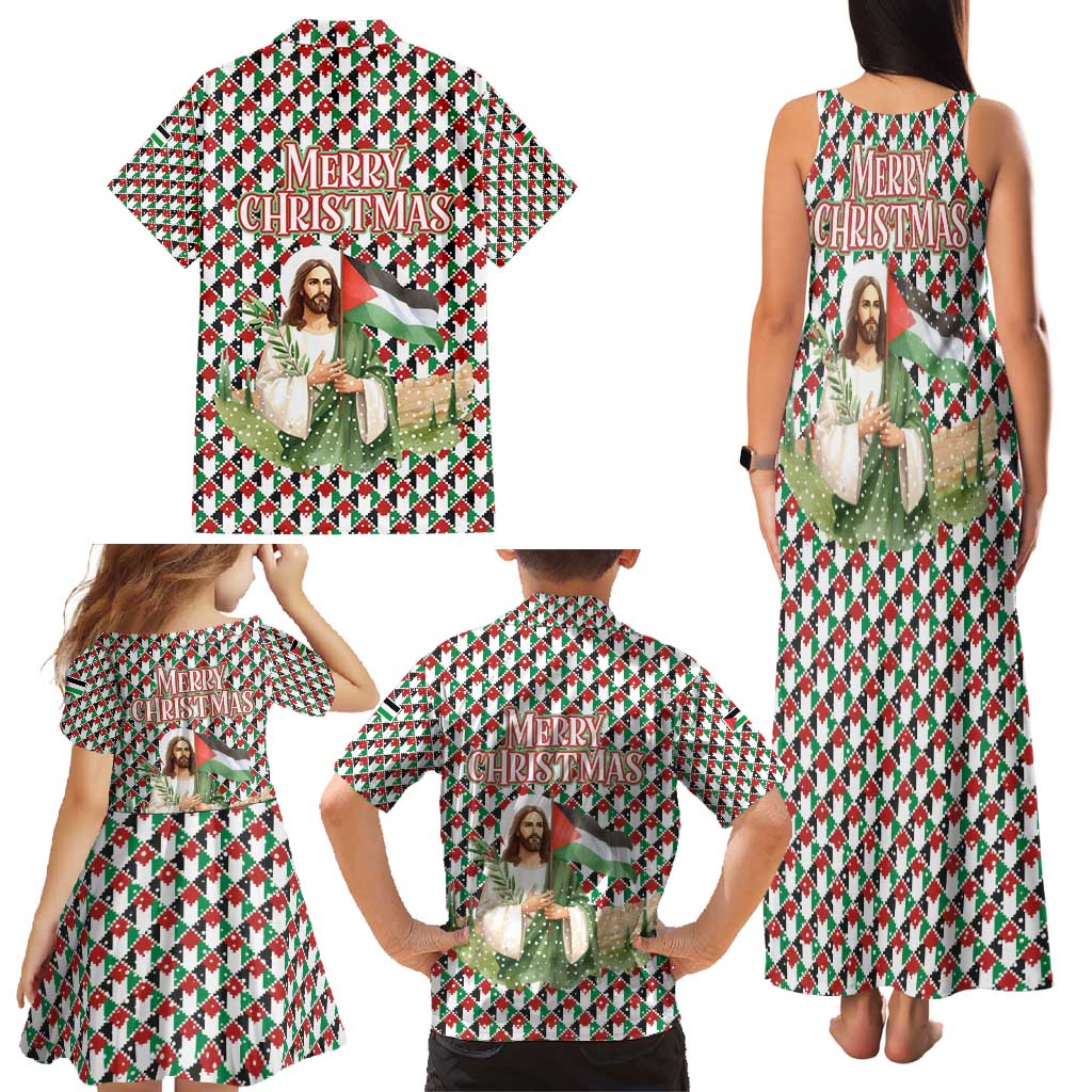 Palestine Christmas Family Matching Tank Maxi Dress and Hawaiian Shirt with Red-Green Pattern, Golden Eagle Emblem, and Jesus Holding Flag Motif - Wonder Print Shop