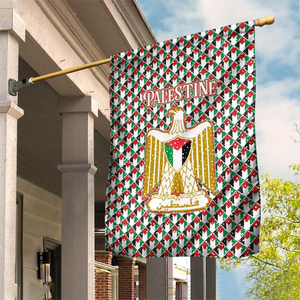 Palestine Christmas Garden Flag with Red-Green Pattern, Golden Eagle Emblem, and Jesus Holding Flag Motif - Wonder Print Shop