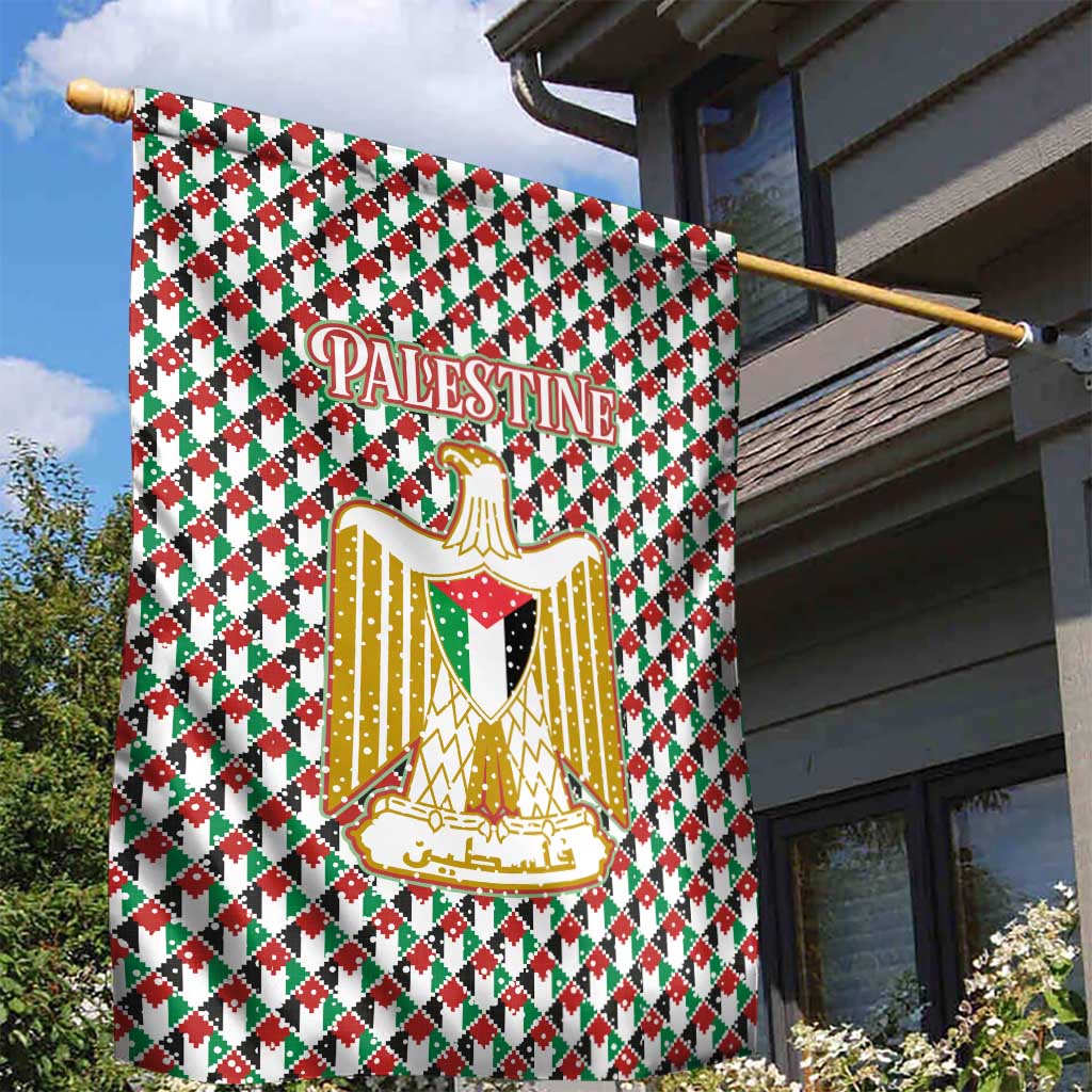 Palestine Christmas Garden Flag with Red-Green Pattern, Golden Eagle Emblem, and Jesus Holding Flag Motif - Wonder Print Shop