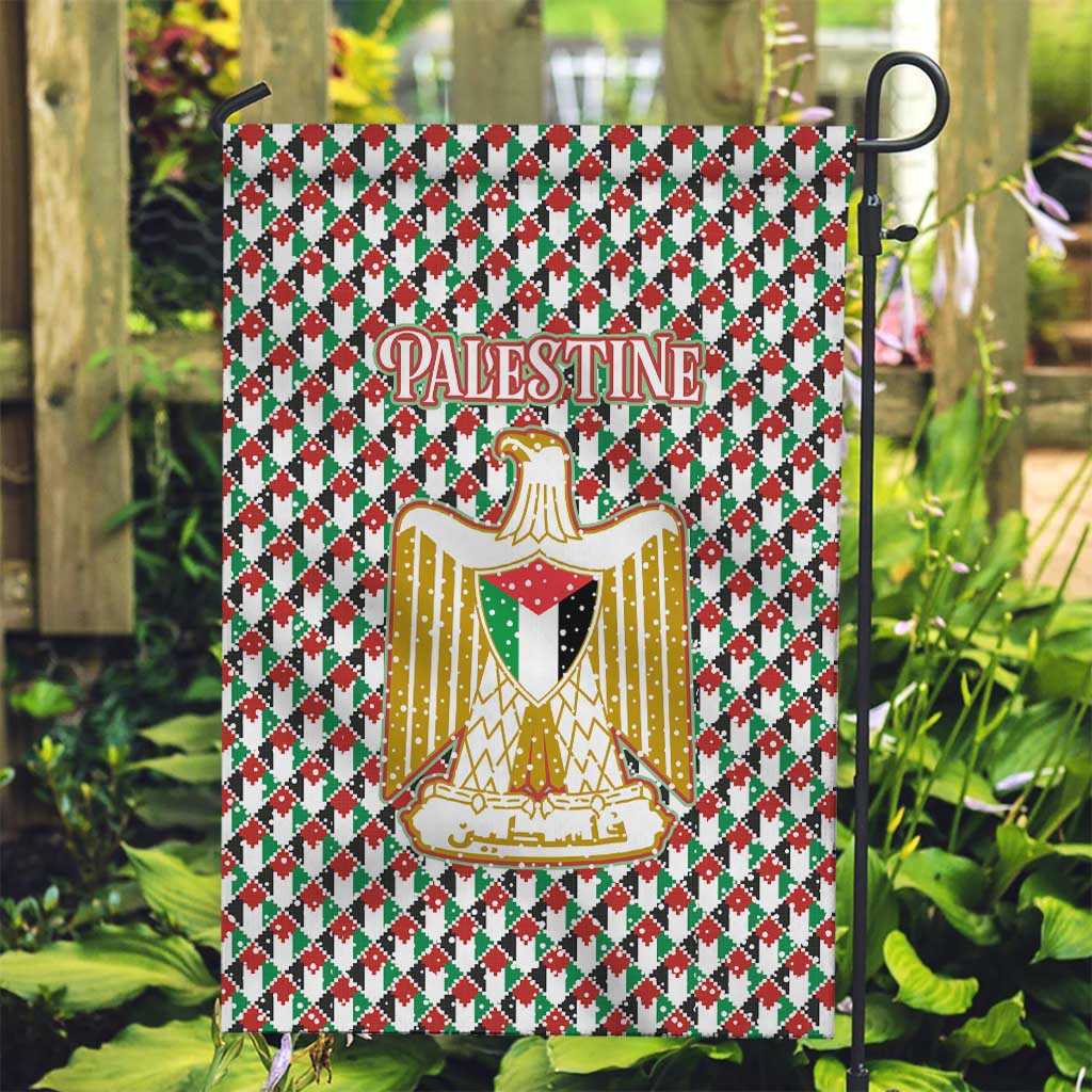 Palestine Christmas Garden Flag with Red-Green Pattern, Golden Eagle Emblem, and Jesus Holding Flag Motif - Wonder Print Shop