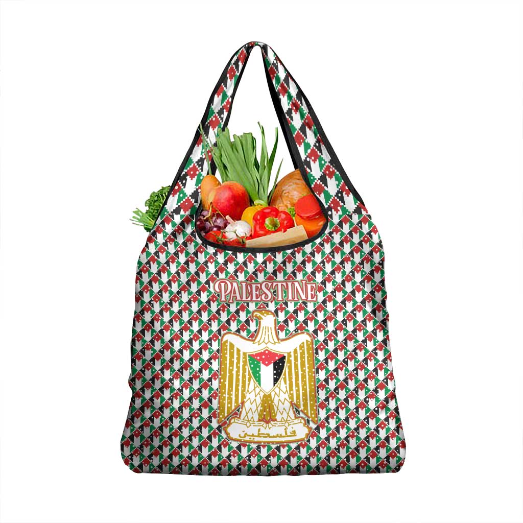 Palestine Christmas Grocery Bag with Red-Green Pattern, Golden Eagle Emblem, and Jesus Holding Flag Motif - Wonder Print Shop