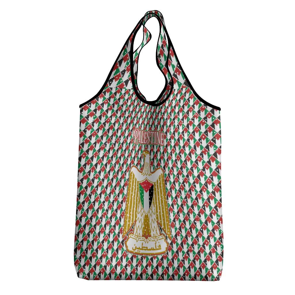 Palestine Christmas Grocery Bag with Red-Green Pattern, Golden Eagle Emblem, and Jesus Holding Flag Motif - Wonder Print Shop