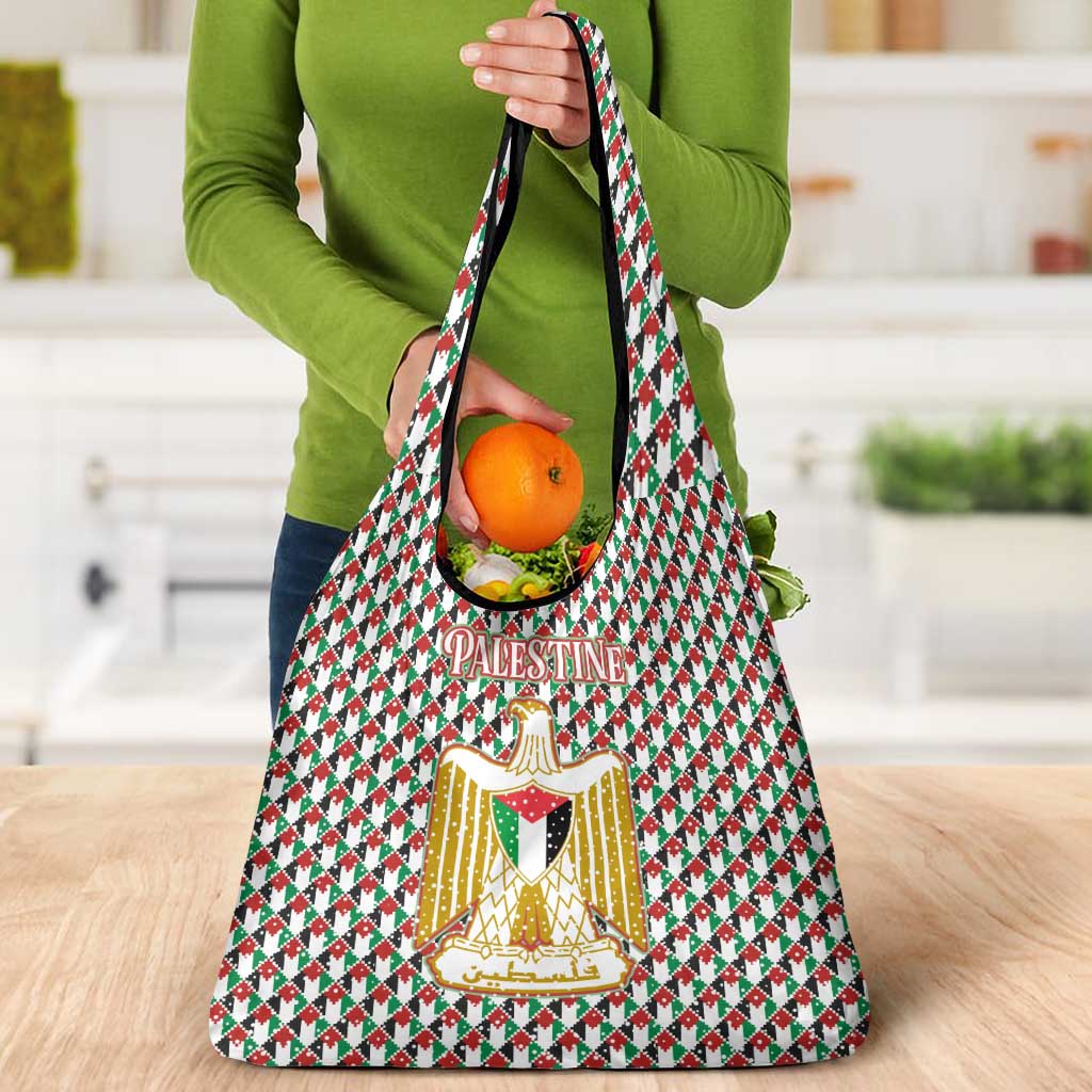 Palestine Christmas Grocery Bag with Red-Green Pattern, Golden Eagle Emblem, and Jesus Holding Flag Motif - Wonder Print Shop