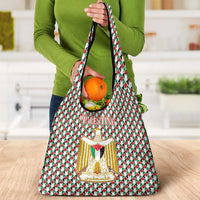 Palestine Christmas Grocery Bag with Red-Green Pattern, Golden Eagle Emblem, and Jesus Holding Flag Motif - Wonder Print Shop