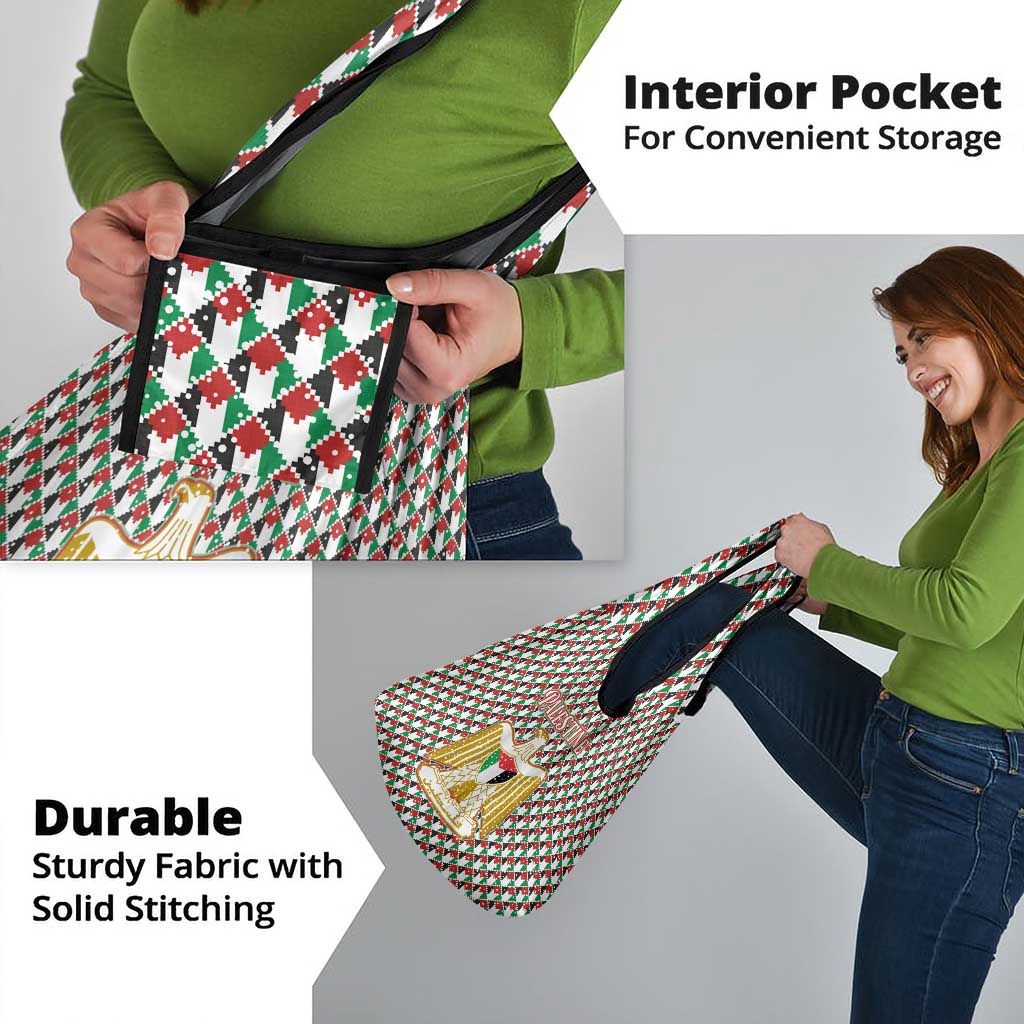 Palestine Christmas Grocery Bag with Red-Green Pattern, Golden Eagle Emblem, and Jesus Holding Flag Motif - Wonder Print Shop