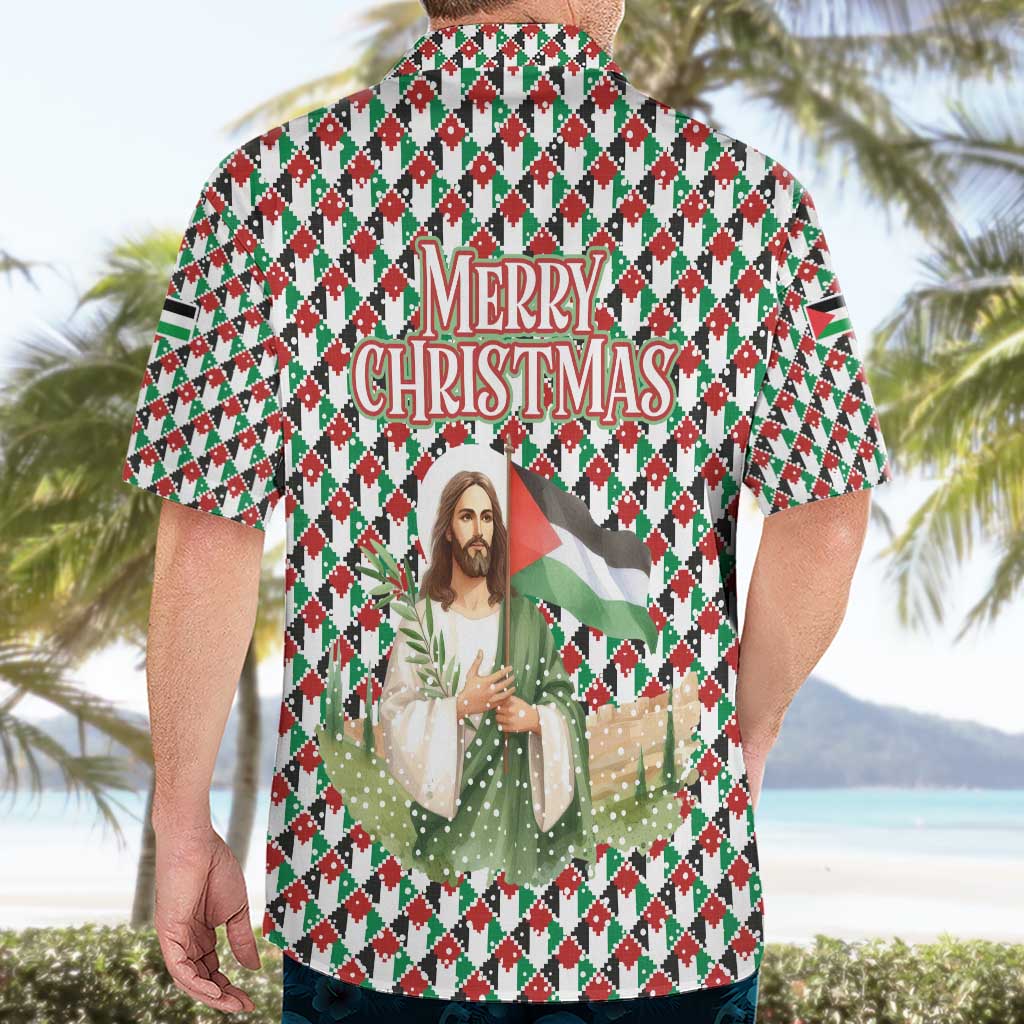 Palestine Christmas Hawaiian Shirt with Red-Green Pattern, Golden Eagle Emblem, and Jesus Holding Flag Motif - Wonder Print Shop