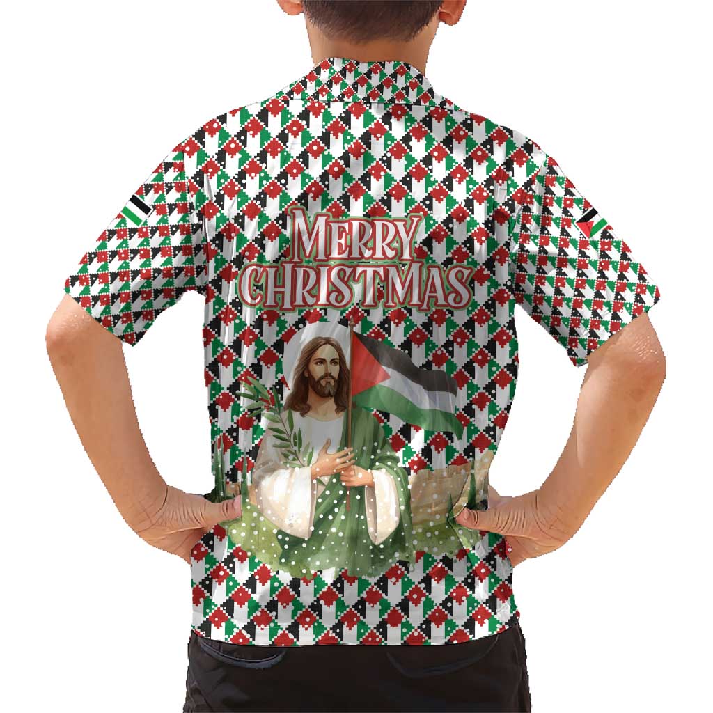 Palestine Christmas Hawaiian Shirt with Red-Green Pattern, Golden Eagle Emblem, and Jesus Holding Flag Motif - Wonder Print Shop