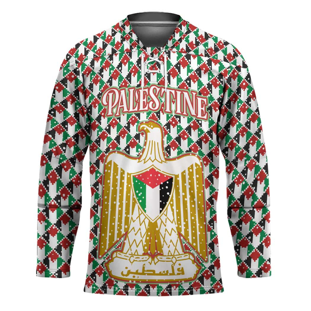 Palestine Christmas Hockey Jersey with Red-Green Pattern, Golden Eagle Emblem, and Jesus Holding Flag Motif - Wonder Print Shop