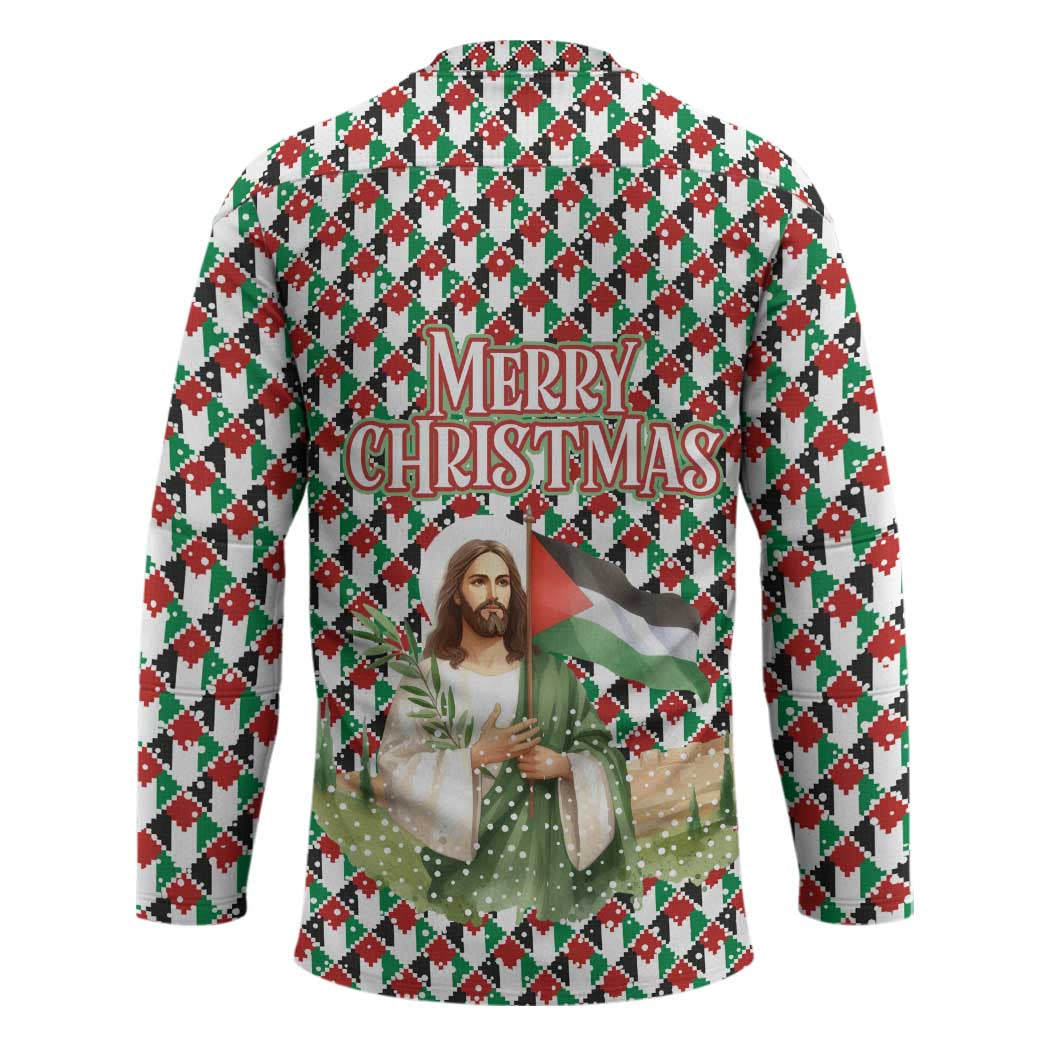 Palestine Christmas Hockey Jersey with Red-Green Pattern, Golden Eagle Emblem, and Jesus Holding Flag Motif - Wonder Print Shop