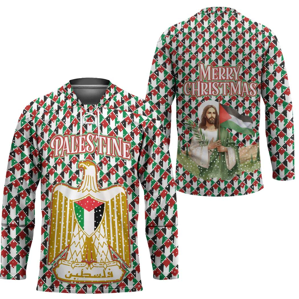Palestine Christmas Hockey Jersey with Red-Green Pattern, Golden Eagle Emblem, and Jesus Holding Flag Motif - Wonder Print Shop
