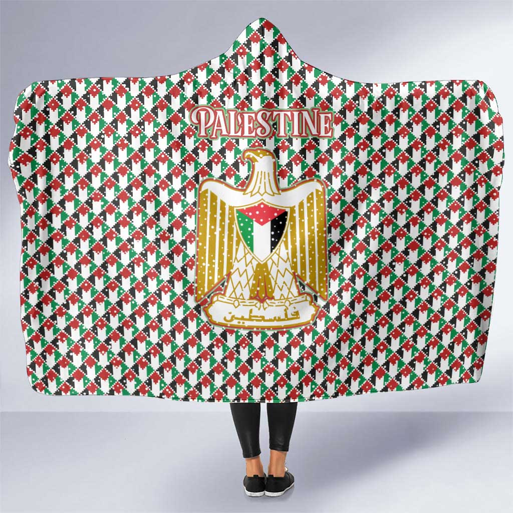 Palestine Christmas Hooded Blanket with Red-Green Pattern, Golden Eagle Emblem, and Jesus Holding Flag Motif - Wonder Print Shop