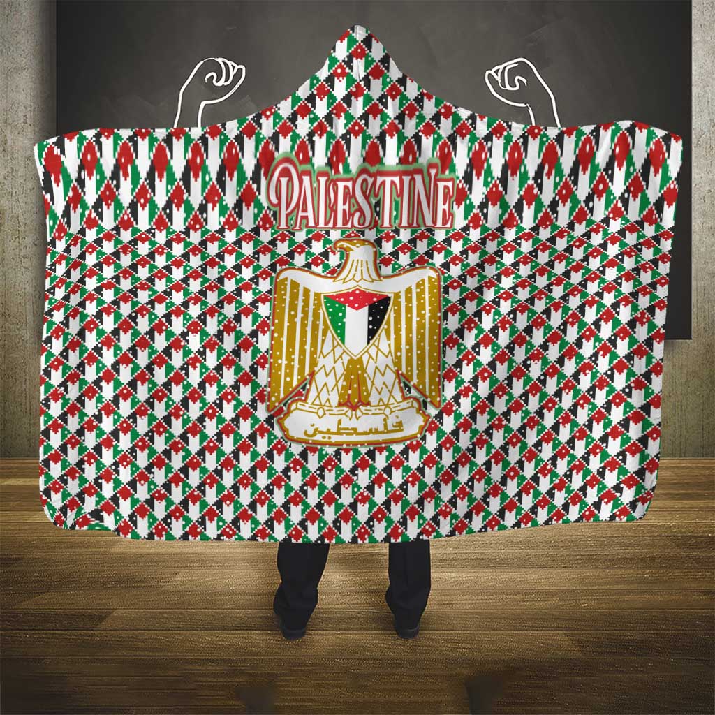 Palestine Christmas Hooded Blanket with Red-Green Pattern, Golden Eagle Emblem, and Jesus Holding Flag Motif - Wonder Print Shop